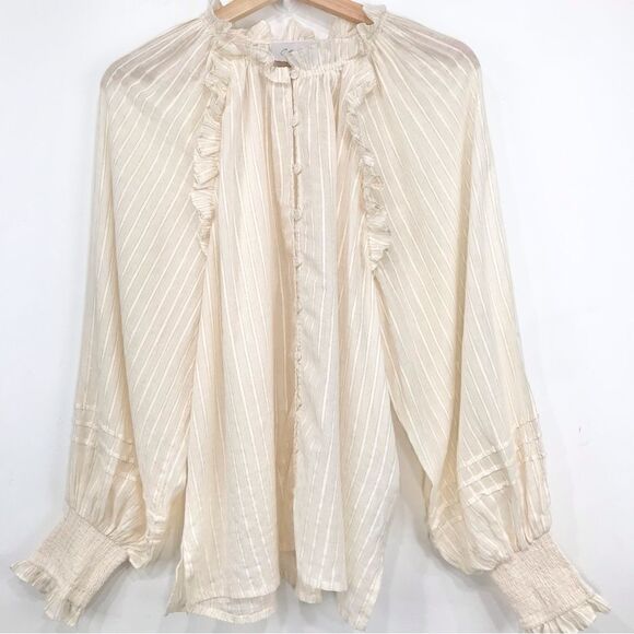 Cleobella Cream ARI Metallic Sparkle Stripe Ruffled Long Sleeve Peasant Blouse - Picture 6 of 16